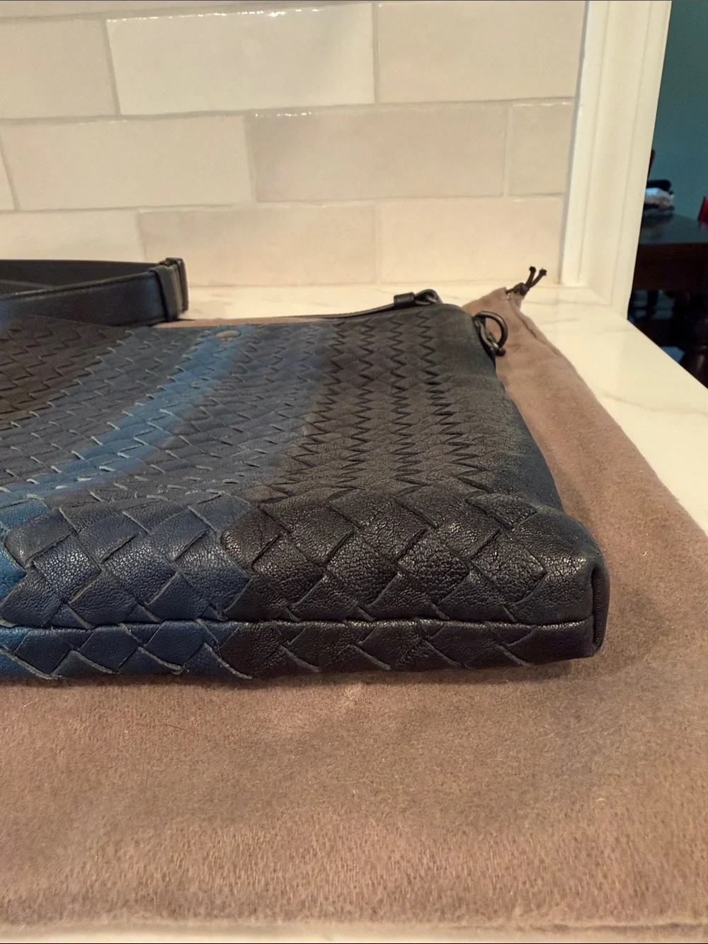 Bottega Veneta Men's Woven Leather Blue & Black Napa Intrecciato Bag